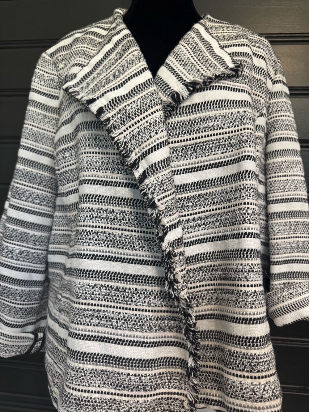 Kasper Black & White Classic Tweed Fringe Open-Front Blazer